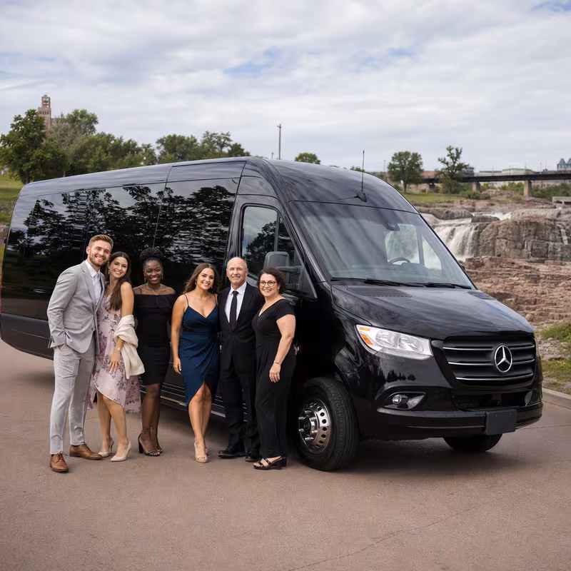 Group beside a Mercedes Sprinter limo from the Sioux Falls fleet