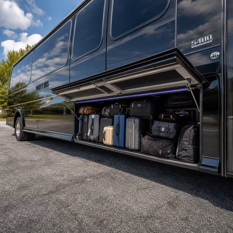 Party bus interior with wraparound leather seating and LED lighting in Sioux Falls